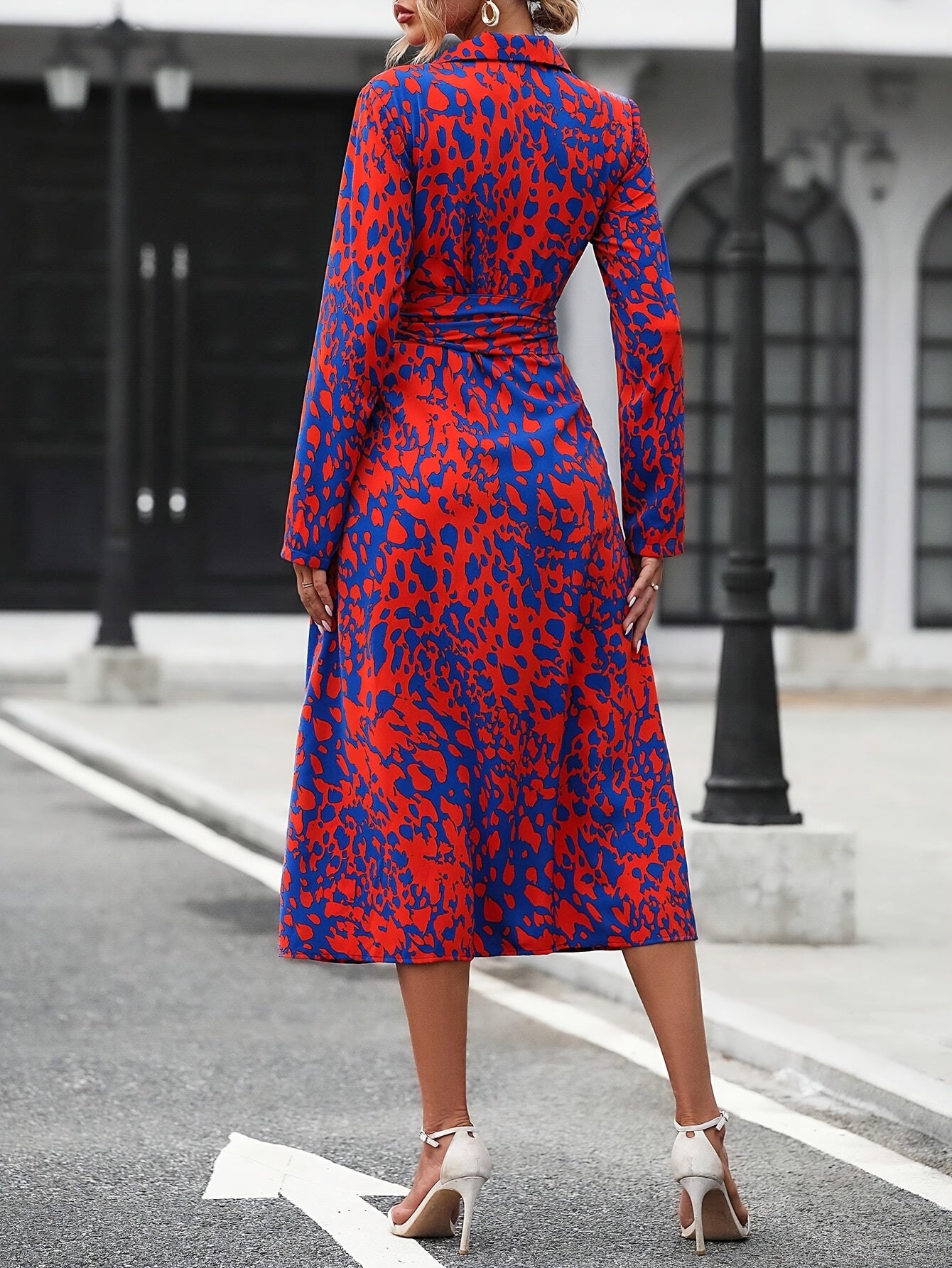Elegant All-Over Print Shirt Dress with Belt - Long Sleeve, Button-Up Front, Red & Blue Floral Design, Polyester Fabric, Machine Washable - Women’s Fashion for Spring & Fall, Long Sleeve Dress